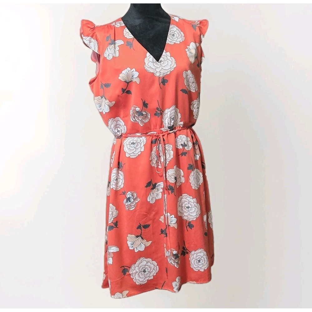 Loft Floral Midi Dress Sz L Coral V-Neck Ruffled Sleeve Casual Resortwear Travel